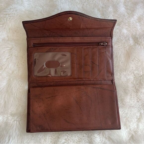 Vintage Buxton Leather Wallet Floral Embossed Top Grain Cowhide Marbled Brown - Picture 6 of 14